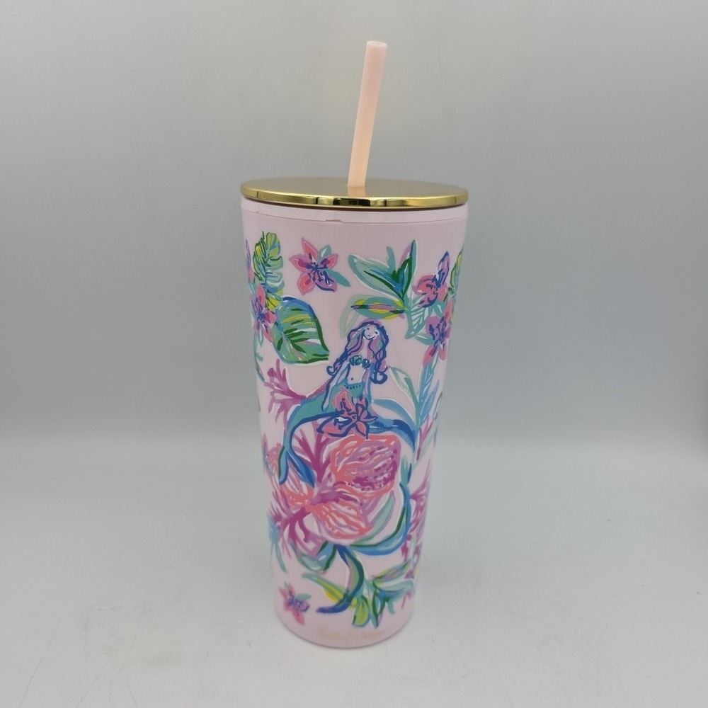 Lilly Pulitzer Mermaid Double Wall Insulated Tumbler W/Reusable Straw Pink 24 Oz